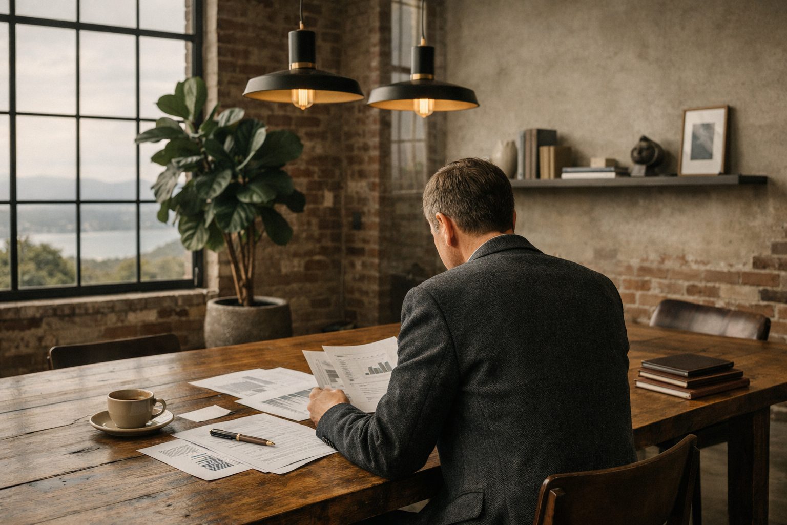 Financial professional reviewing reports in a modern office