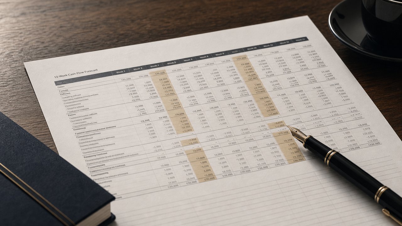 A printed 13-week cash flow forecast spreadsheet on a refined timber desk, marked with restrained gold highlights