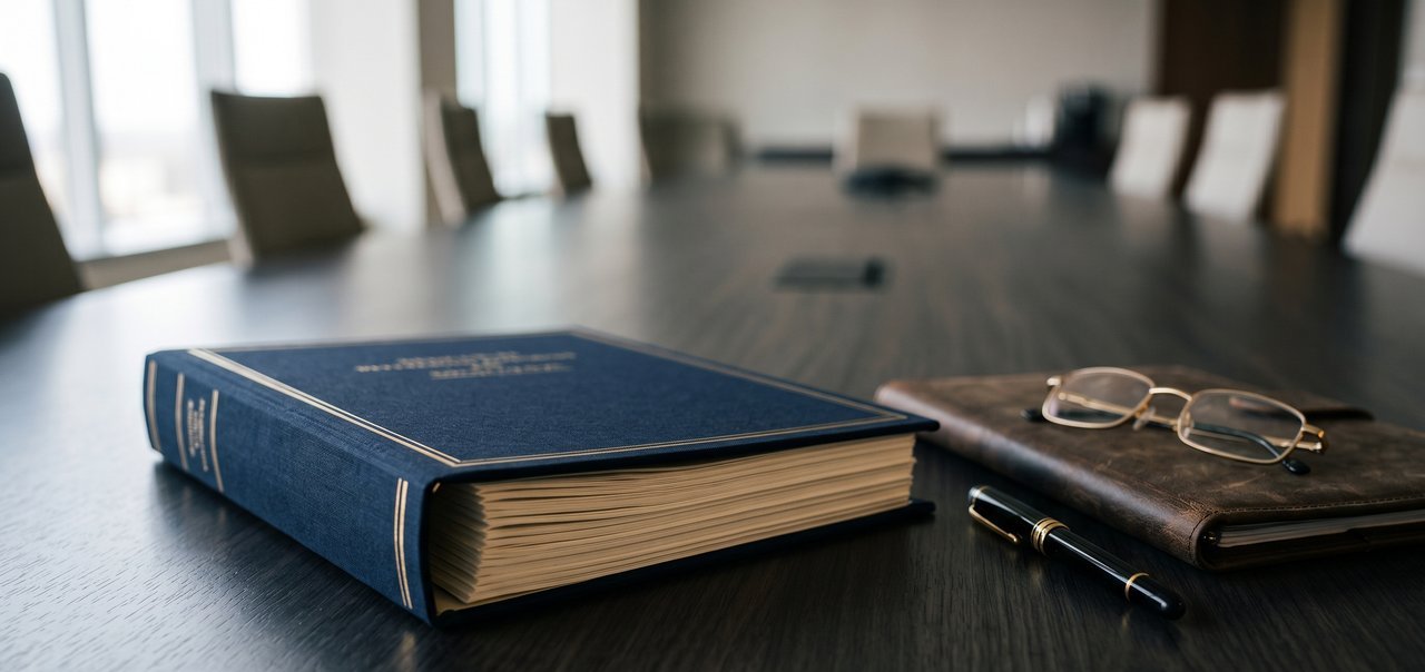 A binder-bound due diligence document on a wide conference table, navy linen with thin gold rule