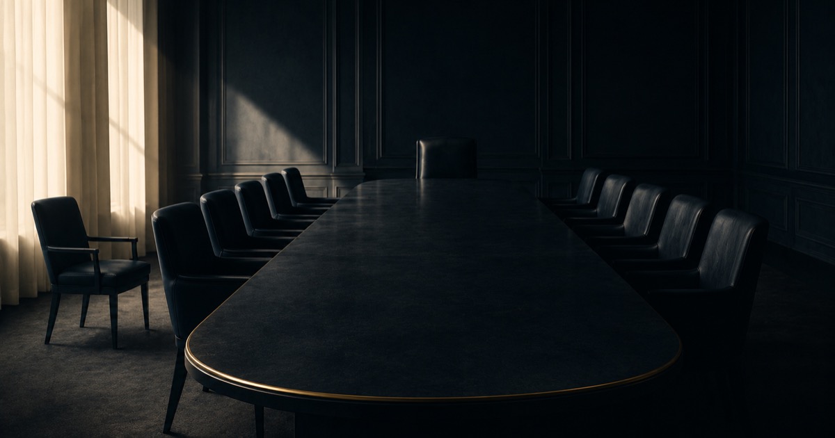 A darkened boardroom: a long table ringed by chairs all turned toward the head, and one lone empty chair set apart in a shaft of light — the seat where the dissenter should be.