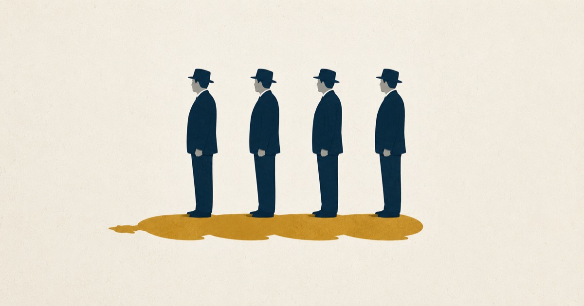 Four identical suited figures standing in a row, each casting into a single shared shadow pooled beneath them — independent-looking reviewers that move as one mind.