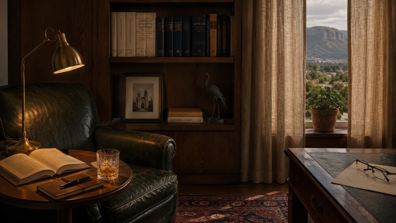 A refined office interior in Wollongong, NSW with timber desk, brass lamp, and a view of the Illawarra escarpment through tall windows