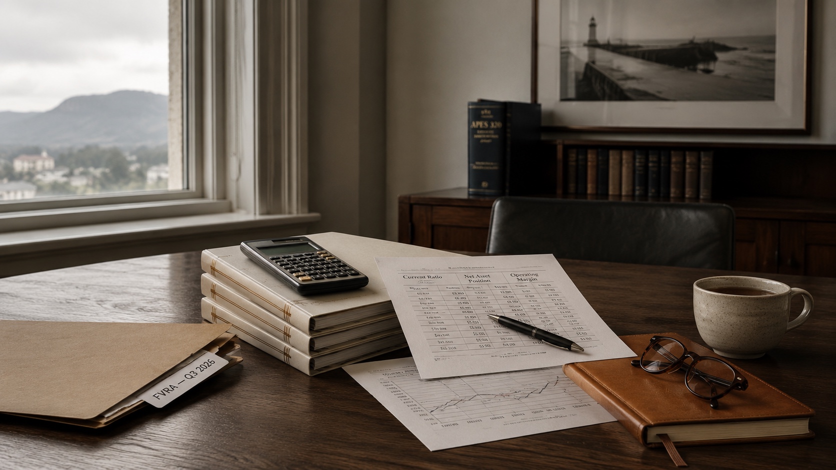 A printed financial compliance report on a refined timber desk, navy linen cover with thin gold rule