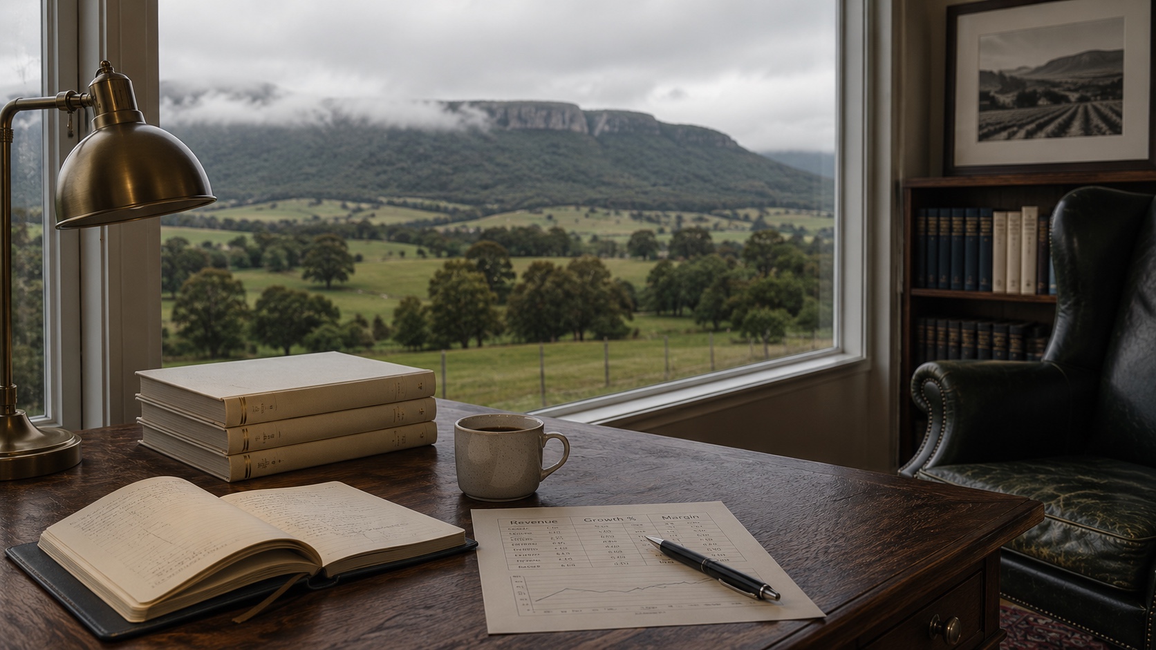 A timber desk at first light with a binder-bound financial report and a window view of the Illawarra coastline