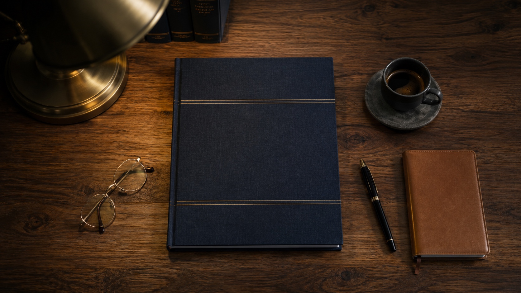 A navy hardback ledger on a polished walnut desk with a brass desk lamp, fountain pen and ceramic mug — an audit-grade reference document in a Wollongong director’s office