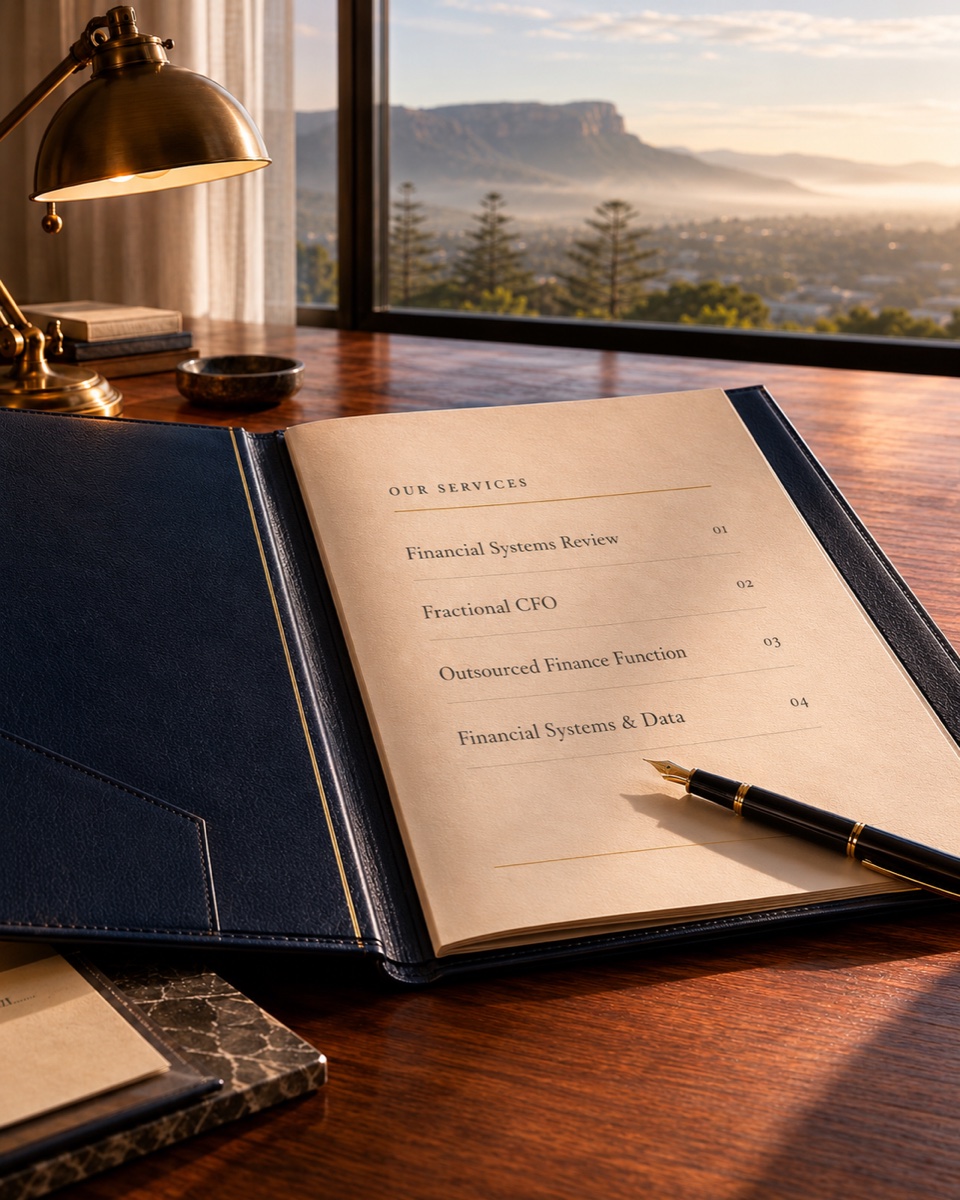 An open navy leather engagement folio on a walnut desk, its services index showing Newport Pembury & Co's four core disciplines — Financial Systems Review, Fractional CFO, Outsourced Finance Function and Financial Systems & Data — with the Illawarra escarpment beyond a sunlit window