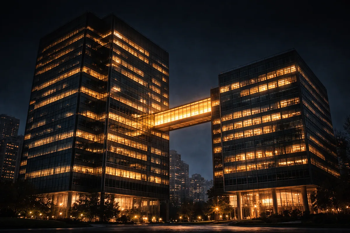 Two modern office buildings connected by an illuminated golden skybridge at night, representing business acquisition and integration
