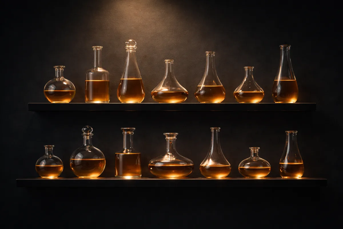 Elegant glass vessels with varying levels of luminous golden liquid on dark shelves, representing rolling cash flow visibility