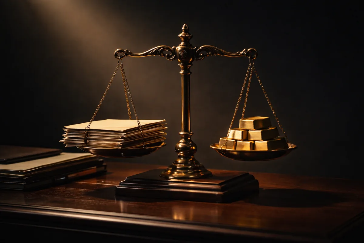 Antique brass balance scale with legal documents on one side and gold ingots on the other, representing the balance of M&A due diligence