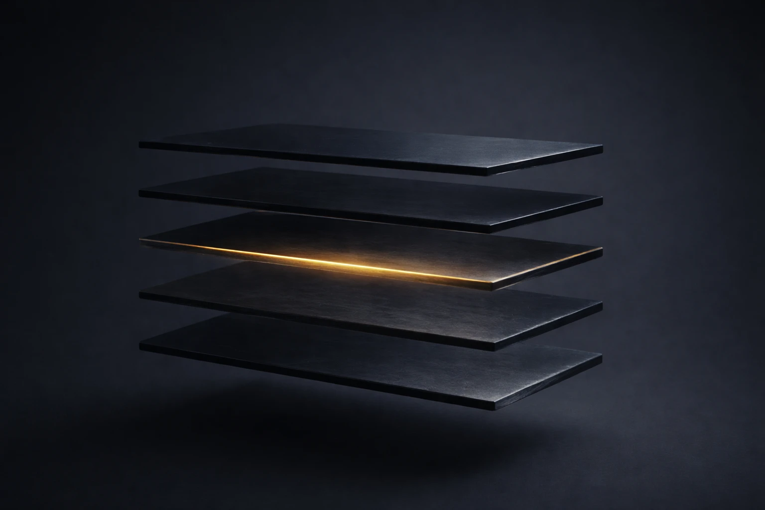 Abstract floating stacked horizontal slabs in navy and charcoal, representing layers of ERP system integration